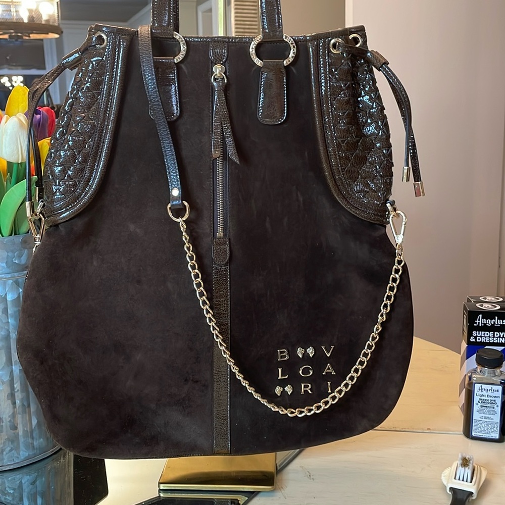 Bvlgari suede and patent leather two-way bag